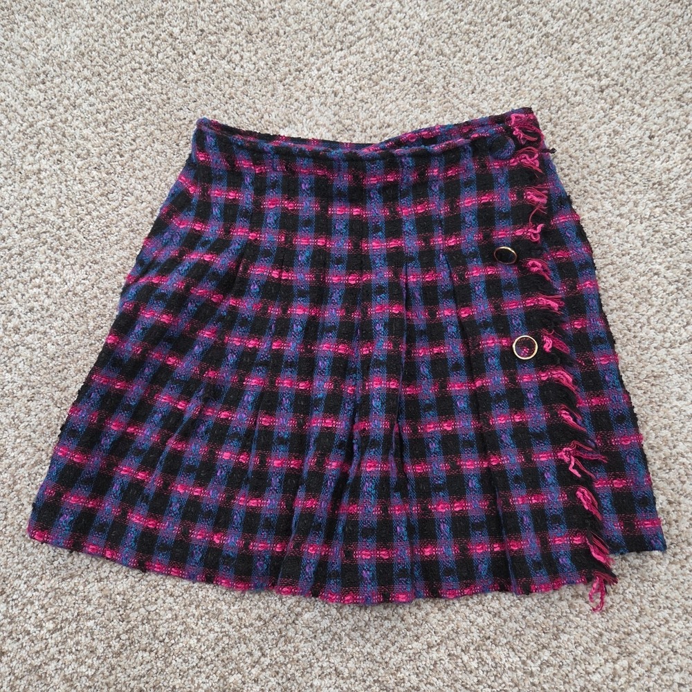 VTG 90s Mini Plaid Wool Tweed Wrap Around Skirt EXPRESS Women's 5 Y2K Fringe